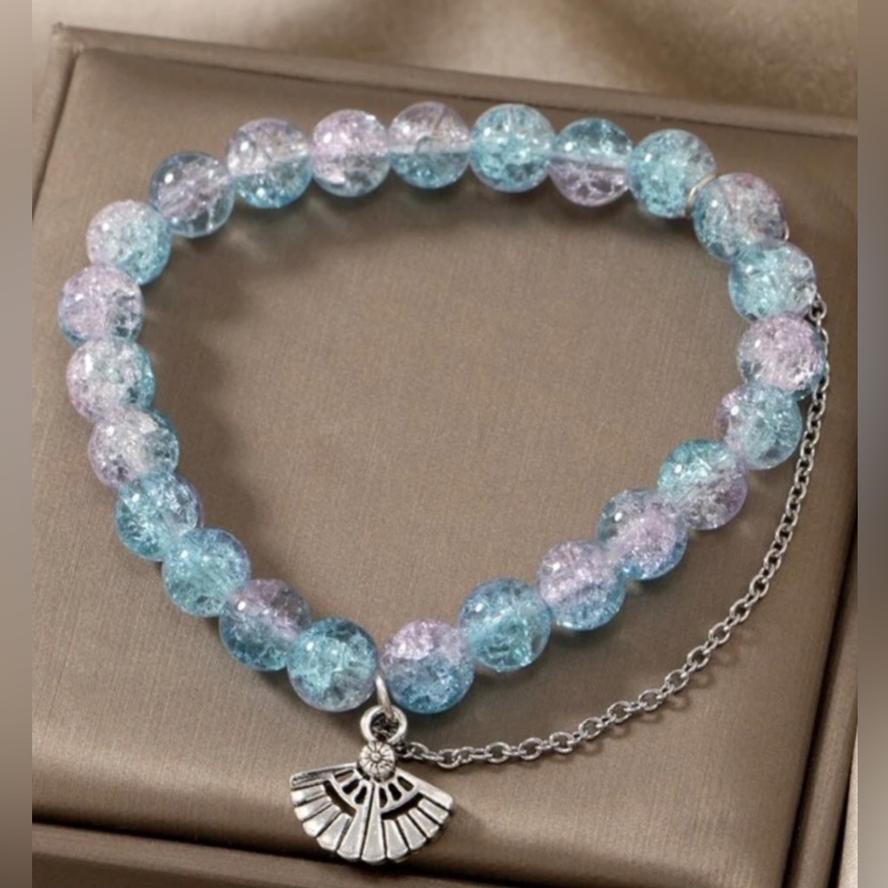 Asian Folding Hand Fan Dangle Chain Pink Blue Ombre Crackle Glass Bead Bracelet